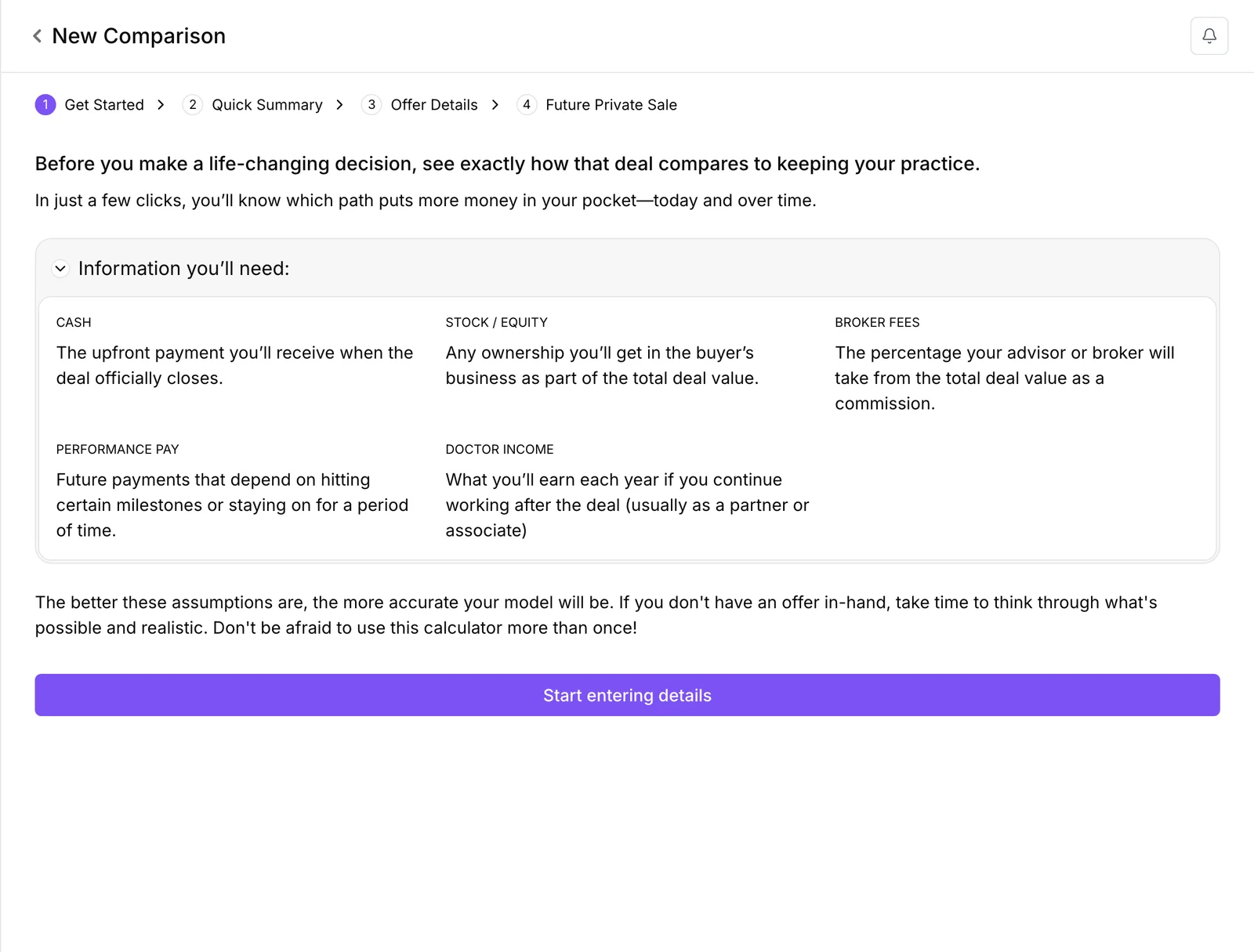 Comparison Calculator: the deal terms needed to compare a corporate offer with a private sale