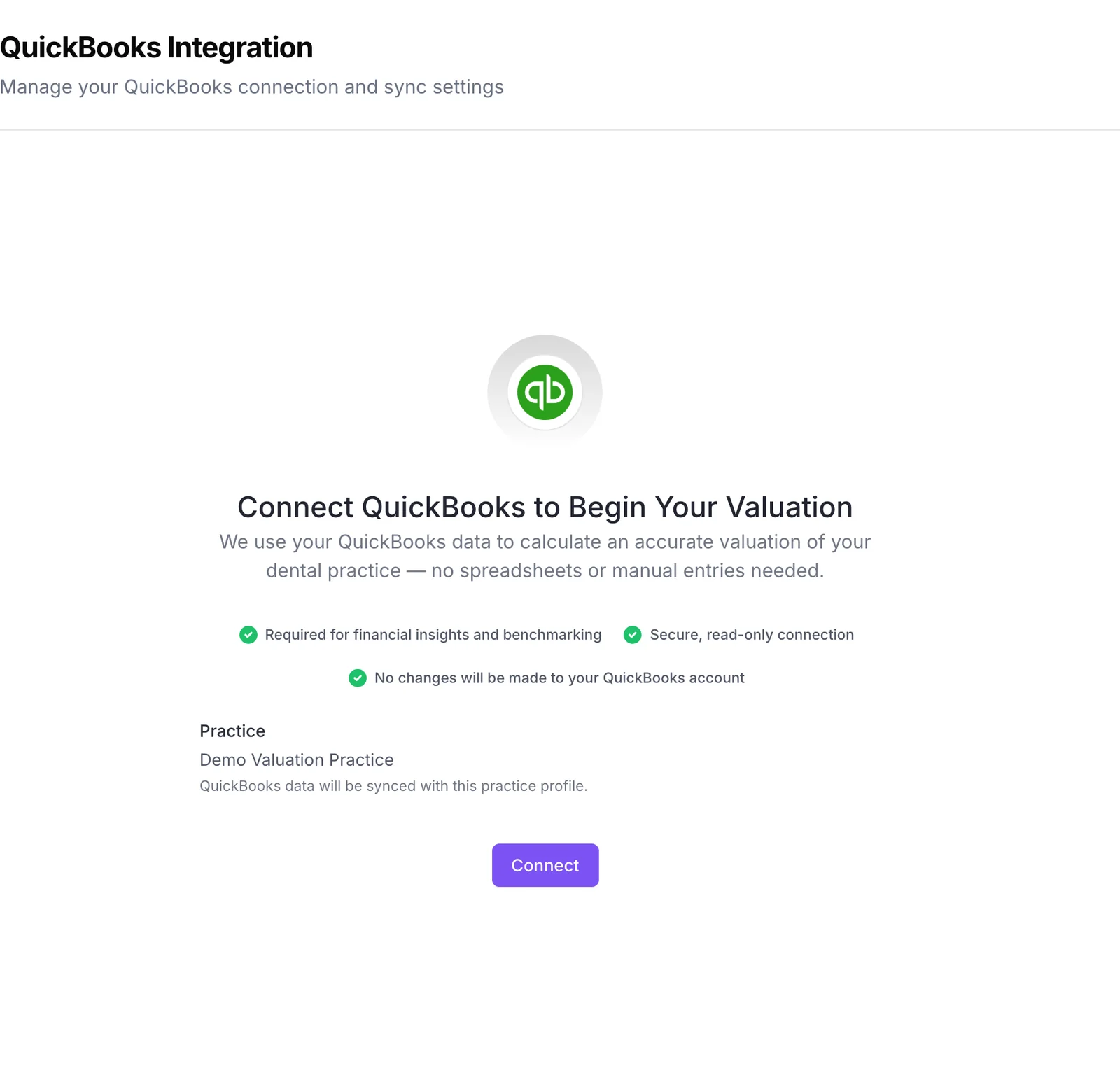 The QuickBooks connection screen, marked secure and read-only